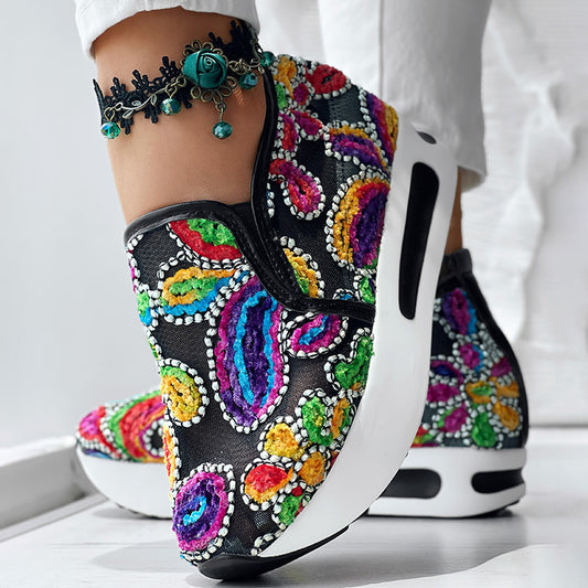 Women's Random Print Side Lace-Up Elastic Sport Shoes, Comfortable Slip-On Sneakers For Women, Casual Daily Wear Footwear