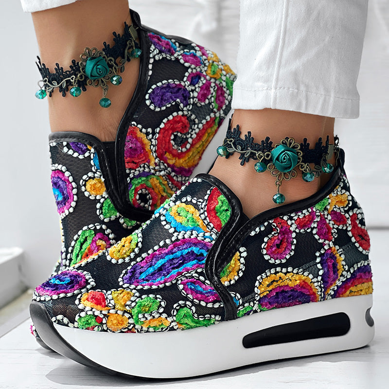 Women's Random Print Side Lace-Up Elastic Sport Shoes, Comfortable Slip-On Sneakers For Women, Casual Daily Wear Footwear