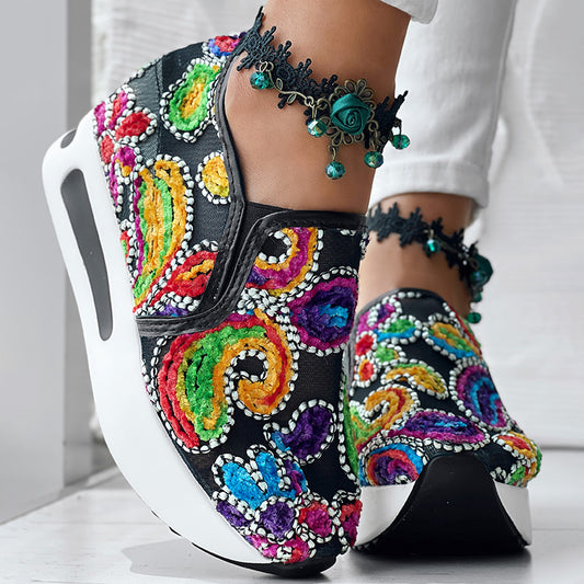 Women's Random Print Side Lace-Up Elastic Sport Shoes, Comfortable Slip-On Sneakers For Women, Casual Daily Wear Footwear